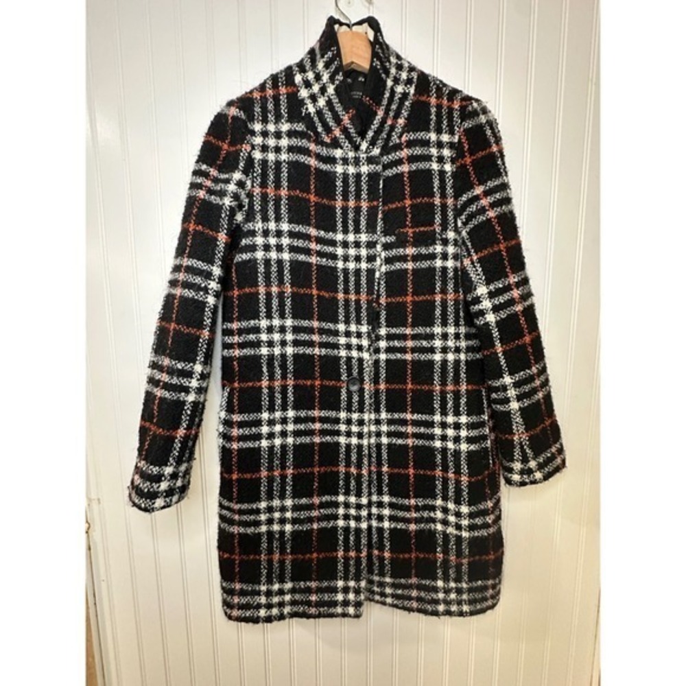 Scotch Soda Plaid Coat Women's Size S Black Orange White Wool Blend Jacket - Picture 11 of 14